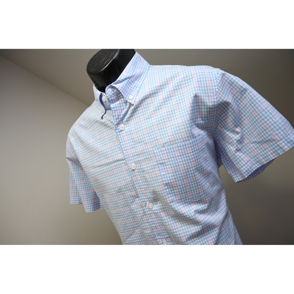 J.Crew Button Up Dress Shirt Men Medium Blue Pink Plaid Flex Short Sleeve Shirt